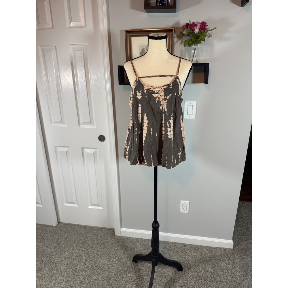 Surf Gypsy Tie Dye Animal Print Cami Top Gray Tan Tassel Lace Up Boho Rayon Sz L
